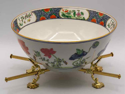Vtg. Porcelain Bowl w/Lotus Koi & Stand