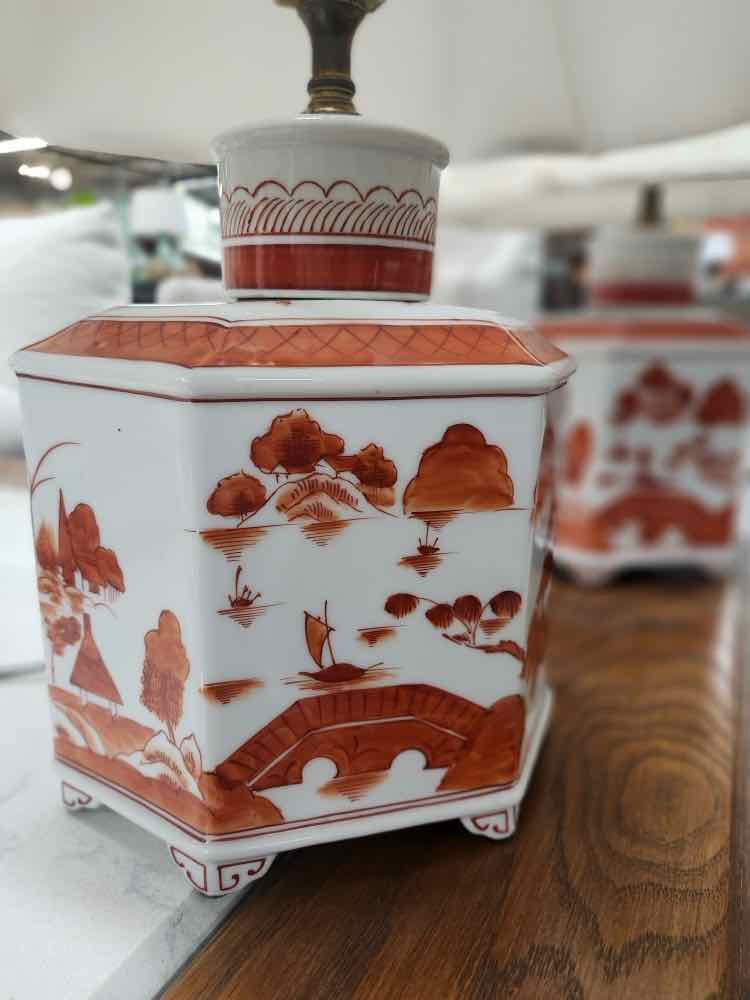 Pair of Orange/White Japanese Chinoiserie Lamps