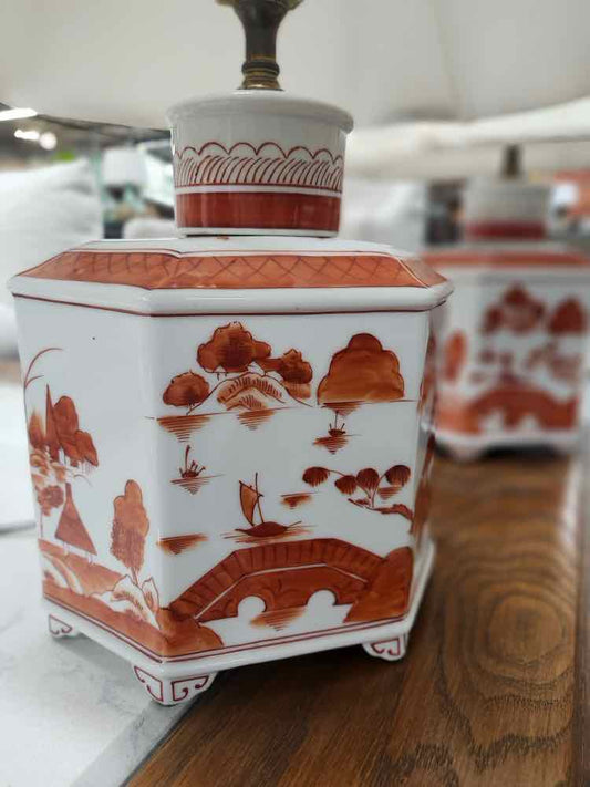 Pair of Orange/White Japanese Chinoiserie Lamps