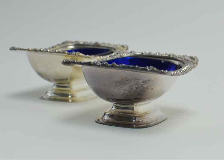 Pair William Adams English Cobalt Glass Lined Silver Plate Salt Dishes