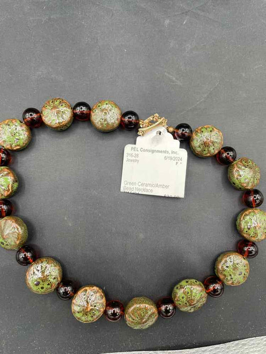Green Ceramic/Amber Bead Necklace