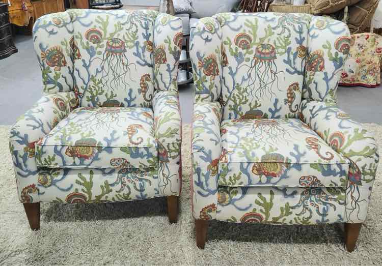 Pair Smith & Brother 'Sea Life' Wingback Arm Chairs