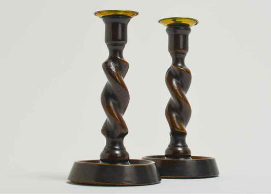 Oak Twist Candlesticks w/Brass Tops
