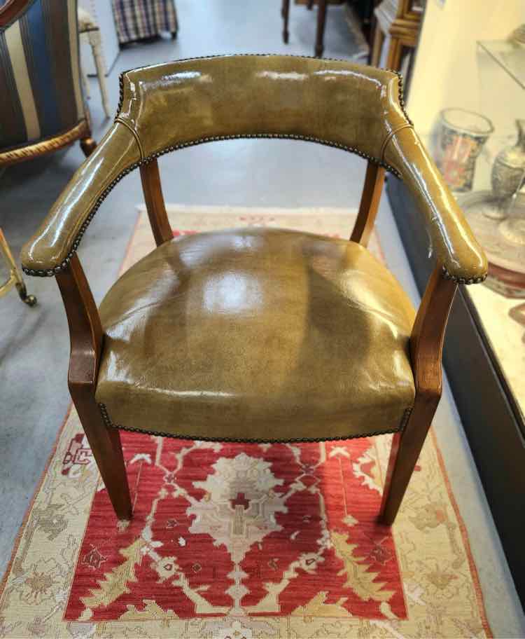 Olive Green Leather Nailhead Arm Chair