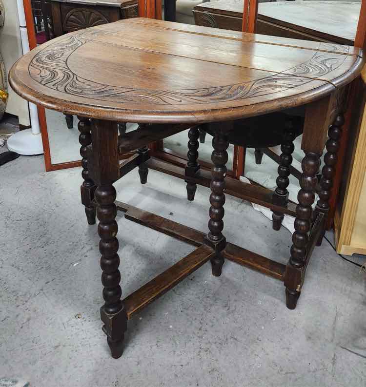 Antique English Oak Carved Drop Leaf Table