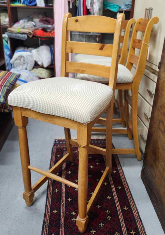 Oak Barstools w/Gingham Fabric
