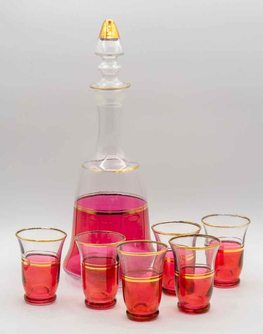 Vtg. Cranberry Decanter w/6 Cordials