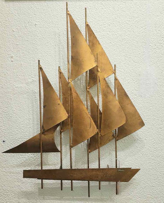"Groovy Waves" Brass Sailboat Wall Sculpture by W. Bowie
