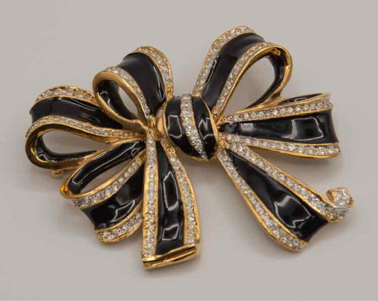 Vtg. L'Officiel/Italy Black Bow/Crystals Brooch