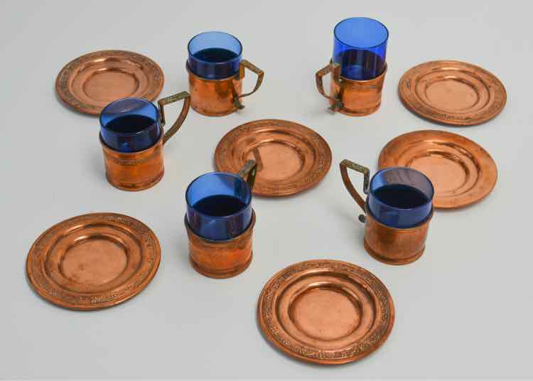 Blue Glass/Copper Espresso Cups & Plates