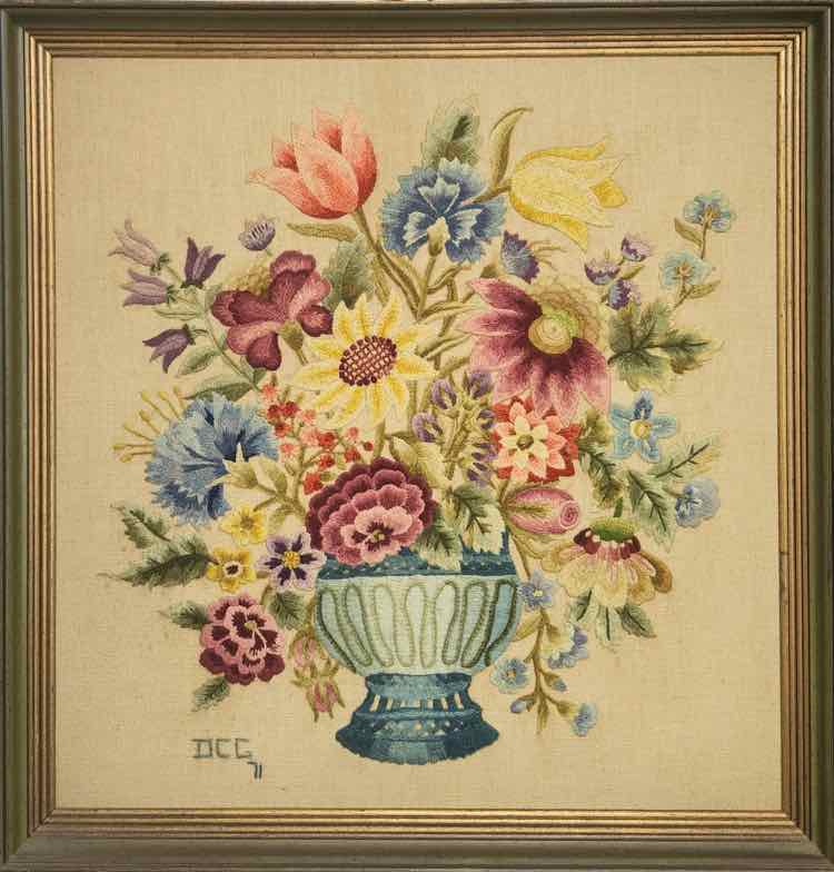 "Mixed Floral Crewel in Blue Vase" Vtg. 1971