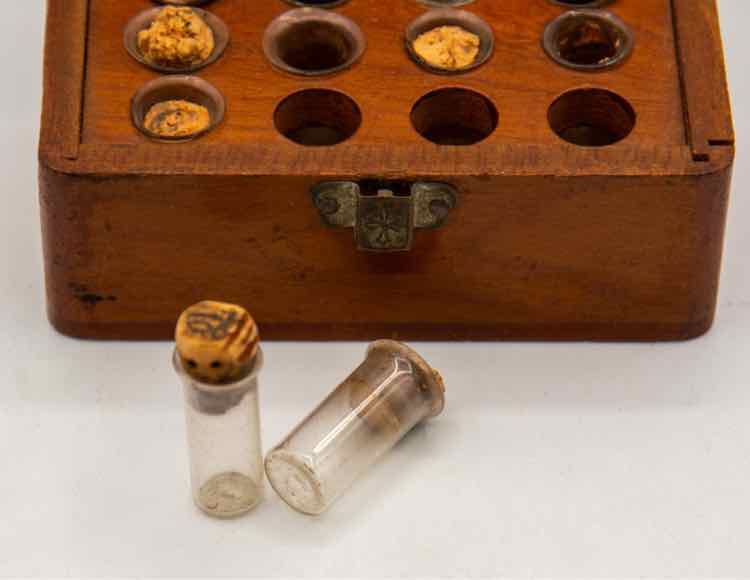 Antique Homeopathic Boy w/12 Glass Bottles w/Cork