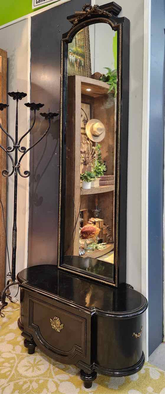 Antique Black Mirror w/Small Bench
