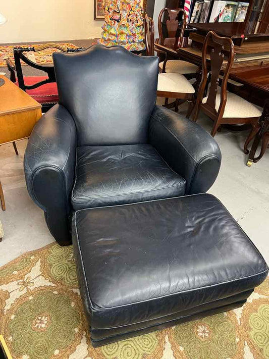 Blue Leather Chair and Ottoman