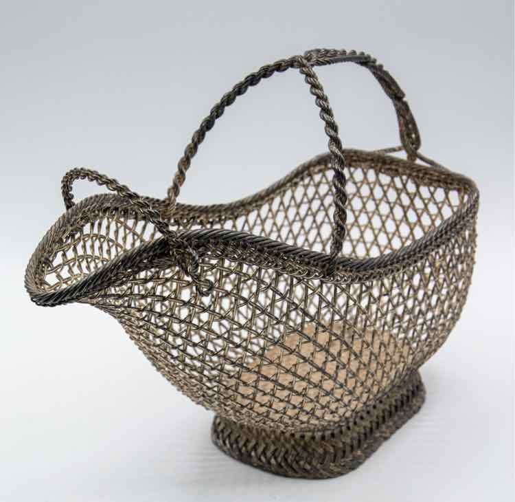French Hand Woven Wire Wine Basket - Silver Plate