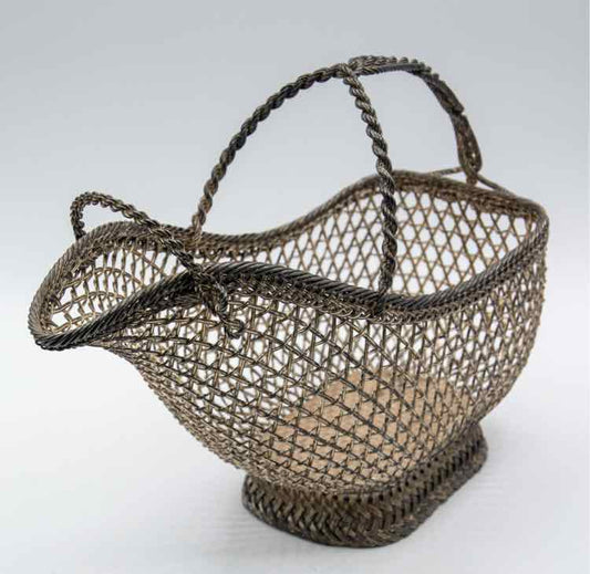 French Hand Woven Wire Wine Basket - Silver Plate