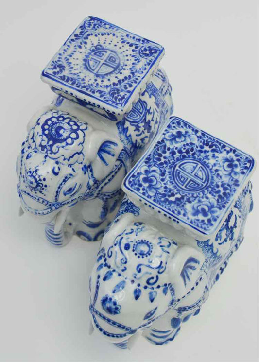Pair of Vtg. Blue Chinoiserie Elephants