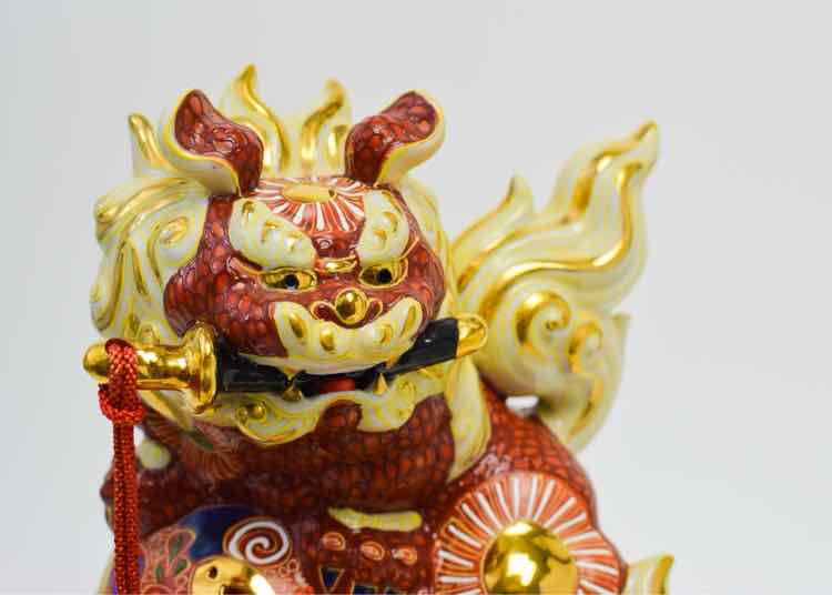 Pair of Porcelain Japanese Kutani Temple Foo Dog Figurines