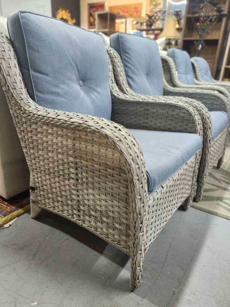 Pair of Wicker Arm Chairs w/Blue Cushions
