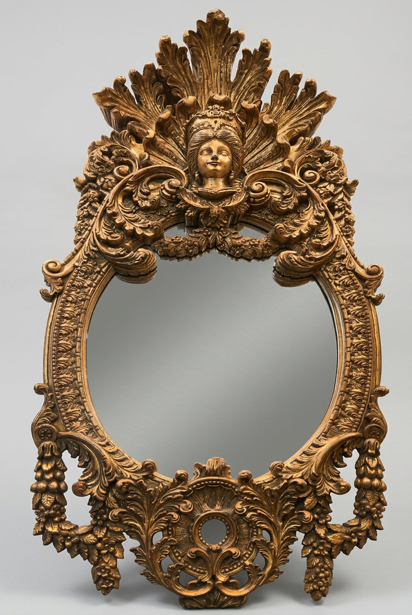 French Rococo Style Gilt Maidens Head Mirror