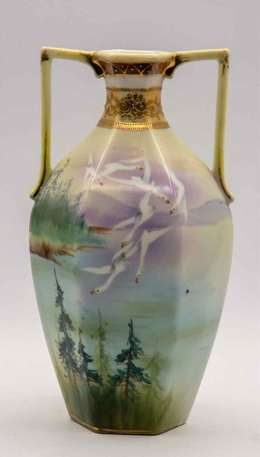 Painted Asian Vase w/ Gilded Gold Rim 9"