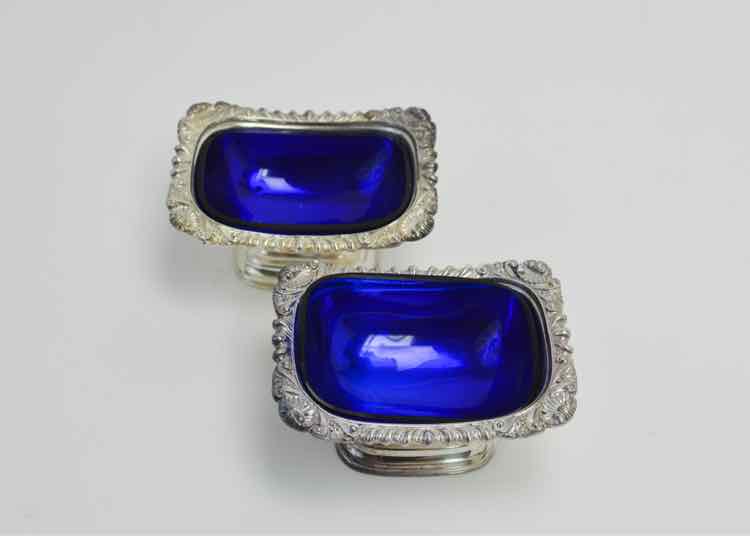 Pair William Adams English Cobalt Glass Lined Silver Plate Salt Dishes