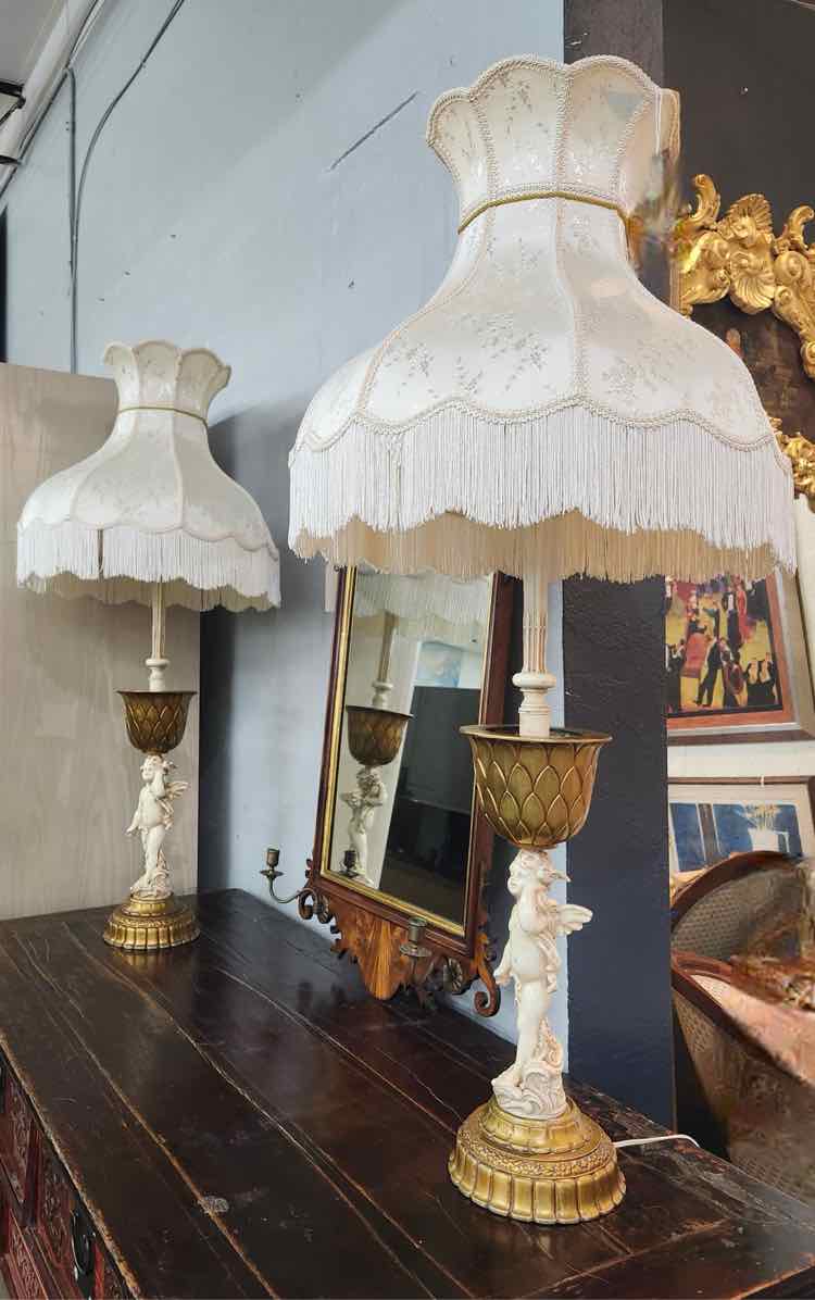 Pair of Angel Urn Lamps w/ French Shades