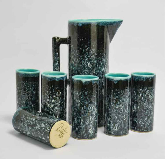 Teal/Black Drip Cups & Pitcher AS IS