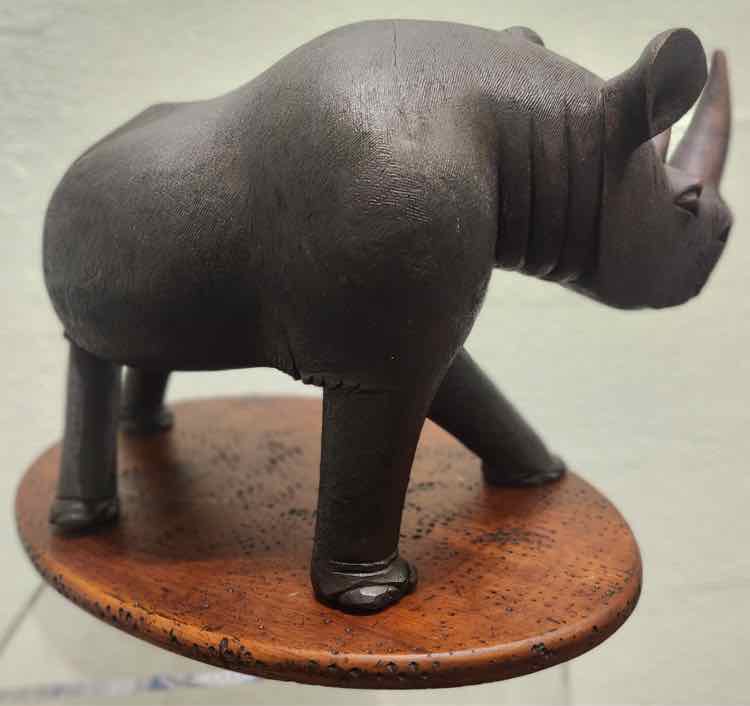 Rhinoceros Sculpture, Wood with Metal Paint on Stand