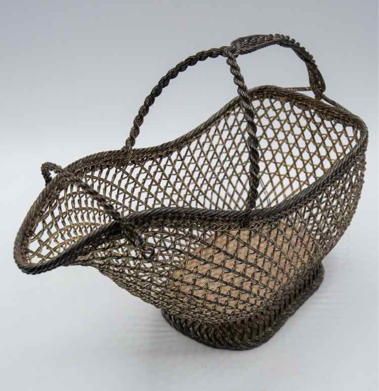 French Hand Woven Wire Wine Basket - Silver Plate