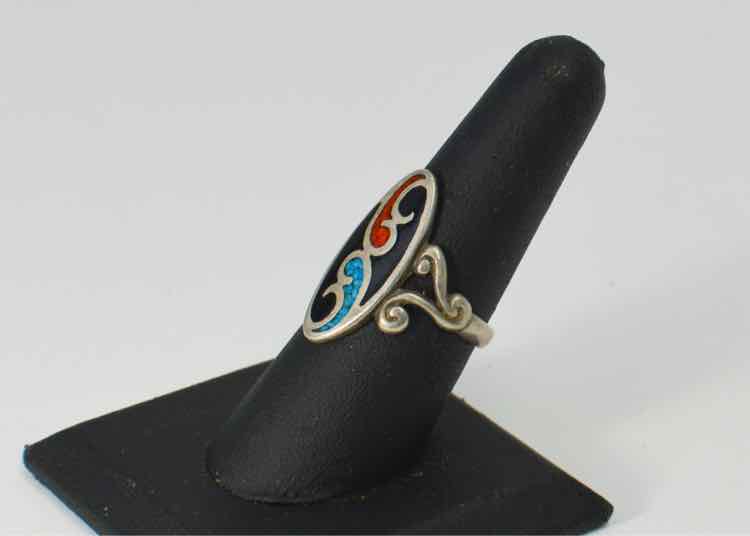 Enamel and Turquoise Silver Ring