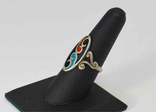 Enamel and Turquoise Silver Ring
