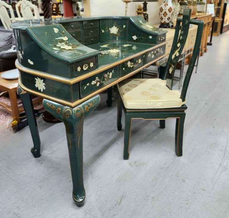 Green Laquered Cabroile Leg Desk w/Chair