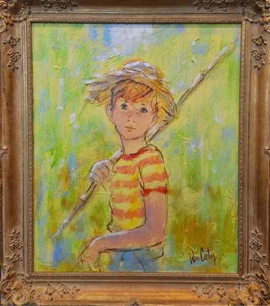 'Caine Pole Fishing Boy' Art Oil by William Coty