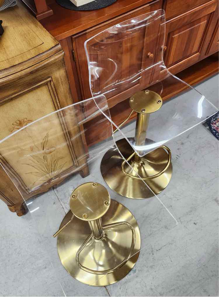 Pair of Gold & Lucite Adjustable Barstools