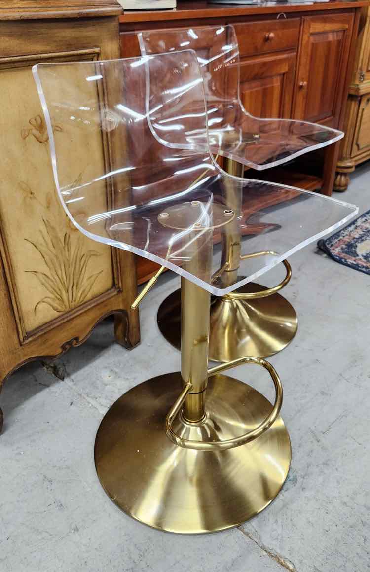 Pair of Gold & Lucite Adjustable Barstools