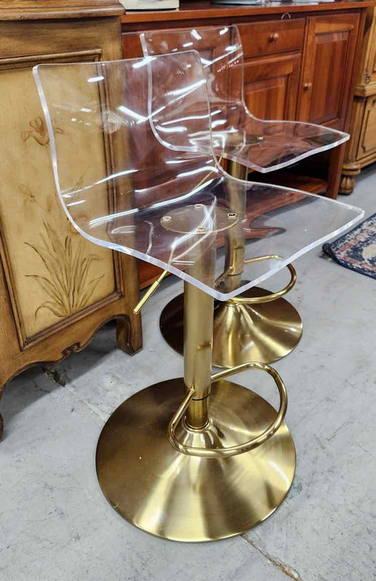 Pair of Gold & Lucite Adjustable Barstools