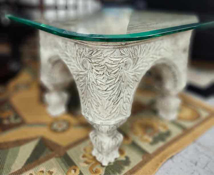 Carved White End Table