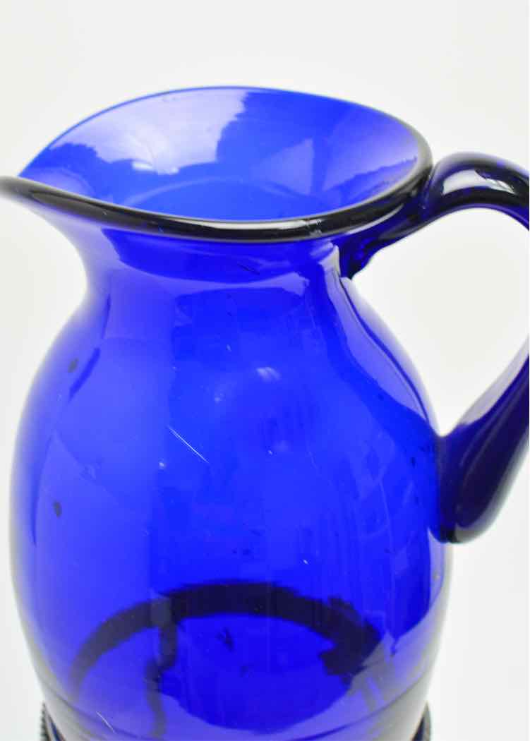 Cobalt Glass Pitcher In Metal Grape Stand