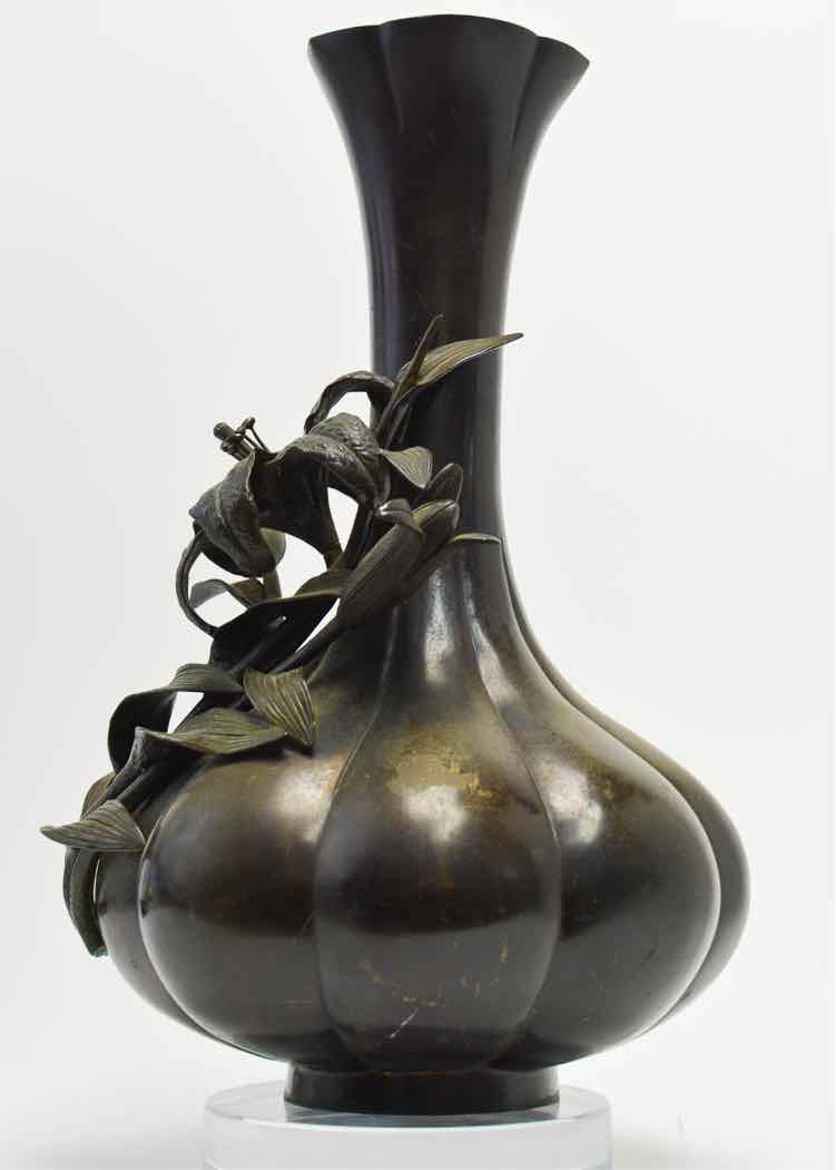 Japanese Meiji Bronze Vase w. Flowers