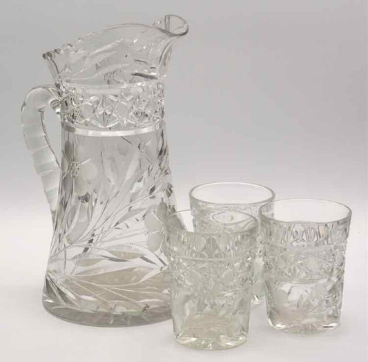 Cut Crystal Pitcher & 3 Juice Glass