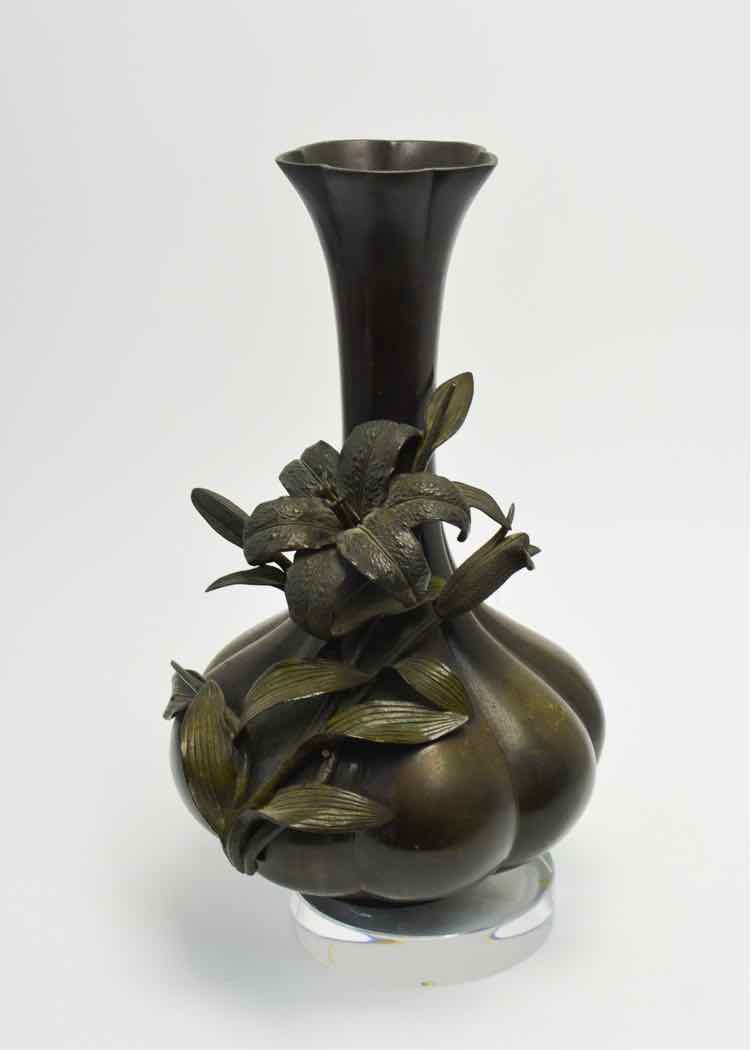 Japanese Meiji Bronze Vase w. Flowers
