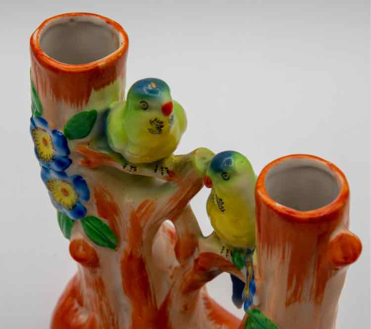 Vtg. Lusterware Double Vase w/Parrots