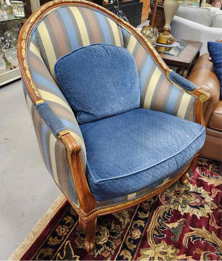 Pair Blue & Gold Stripe "Built Well" Rounded Chairs