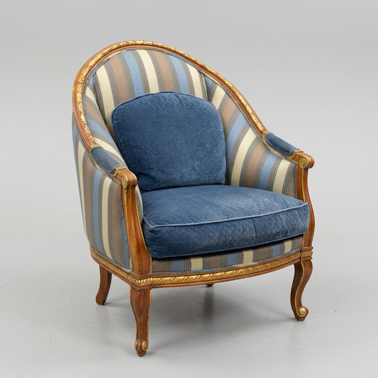 Pair Blue & Gold Stripe "Built Well" Rounded Chairs