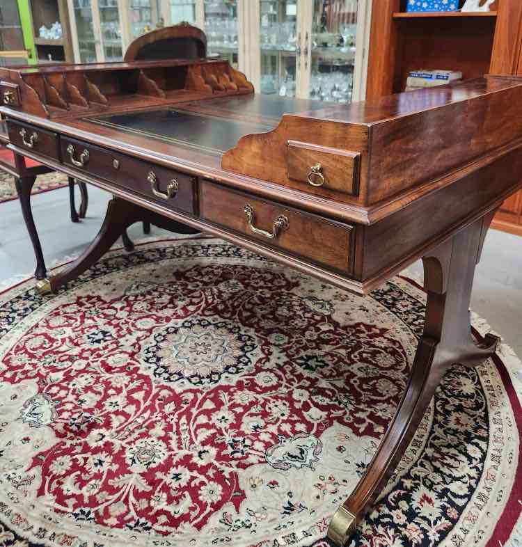 English Black Leather Top Partners Desk