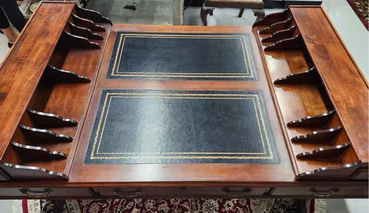 English Black Leather Top Partners Desk
