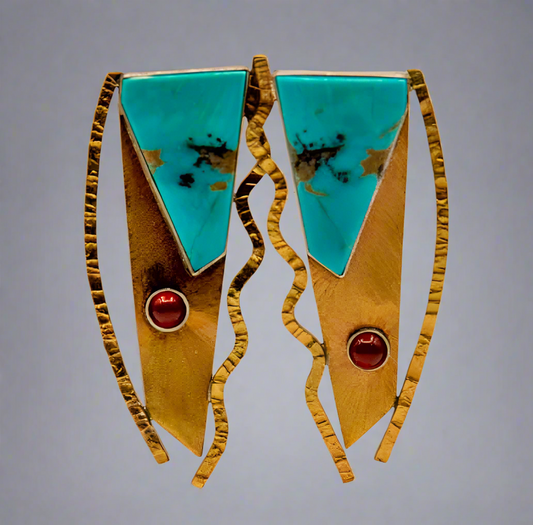 Unique Brass/Turquoise/Carnelian Earrings