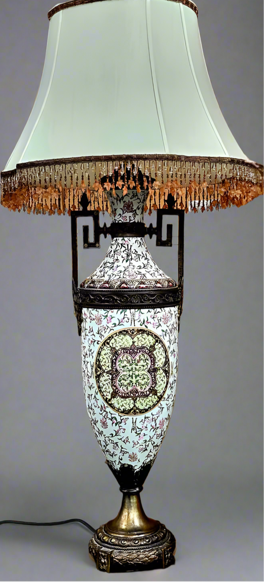 Pair Antique European Bronze & Porcelain Floral Lamps
