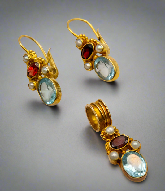 Polly Peachman Blue Topaz/Garnet/Pearl Earrings/Pendant